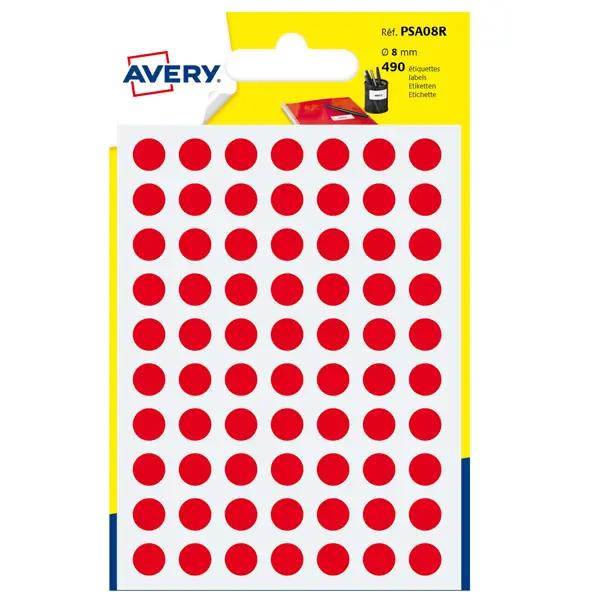 1x Blister 490 etichetta adesiva tonda PSA rosso D8mm Avery