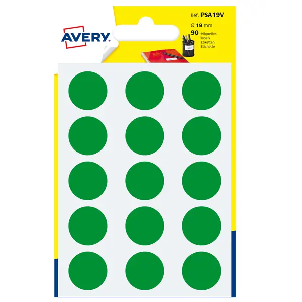 1x Blister 90 etichetta adesiva tonda PSA verde D19mm Avery