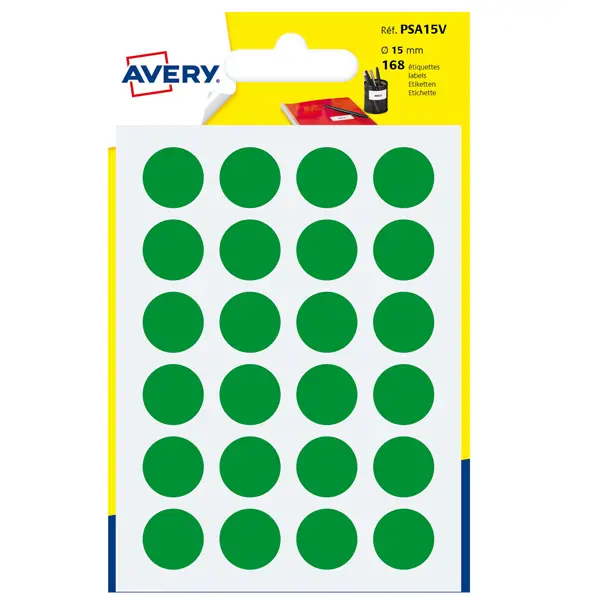 1x Blister 168 etichetta adesiva tonda PSA verde D15mm Avery