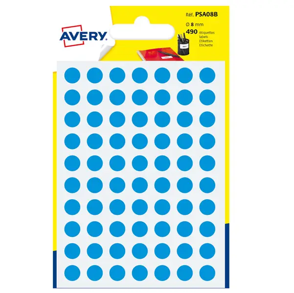 1x Blister 490 etichetta adesiva tonda PSA blu D8mm Avery