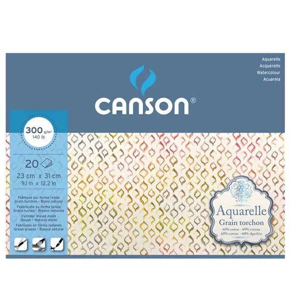 1x Blocco collato 4 lati AQUARELLE 23x31 cm 20 fg. 300 gr. grana ruvida Canson