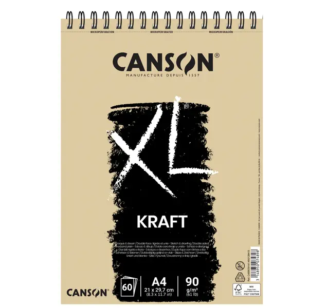 5x Album spiralato lato corto XL KRAFT A4 60 fg. 90 gr. Canson
