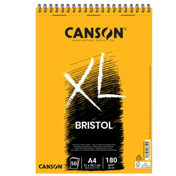 5x Blocco spiralato lato corto XL BRISTOL A4 50 fg. 180 gr. Canson