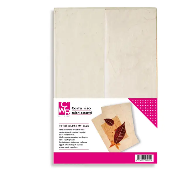 1x Confezione da 10 fogli carta riso 50x70cm colori assortiti CWR