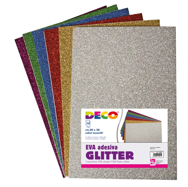 1x Busta 10 fogli 20x30cm Gomma Crepp Glitter adesiva colori assortiti DECO