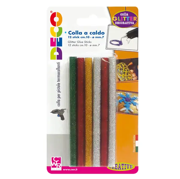 1x 12 stick colle glitter assortite per pistola mini TG02M D.7mm - lungh.10cm DECO