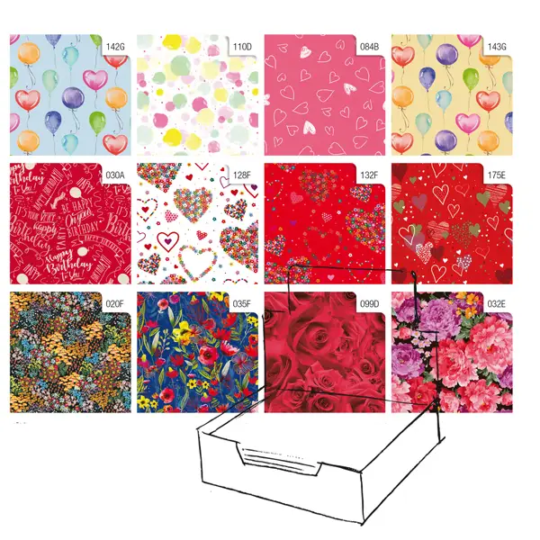 1x Scatola 100fg carta regalo Raso Fantasia 70X100cm Rex Sadoch
