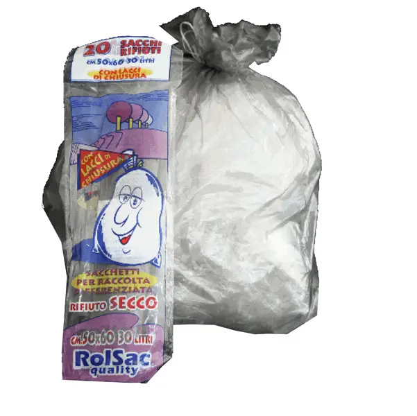 1x 20 Sacchi trasparente neutro 50x60cm 30Lt 16mic Rolsac