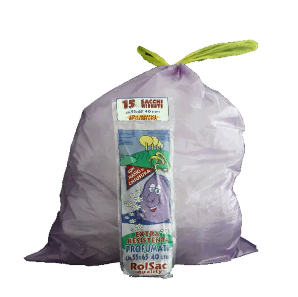 1x 15 Sacchi viola 55x65cm 44Lt 18mic con maniglie Rolsac