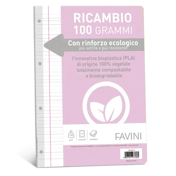 1x Ricambi c/rinforzo ecologico f.to A4 100gr 40fg rigo di 1a Favini