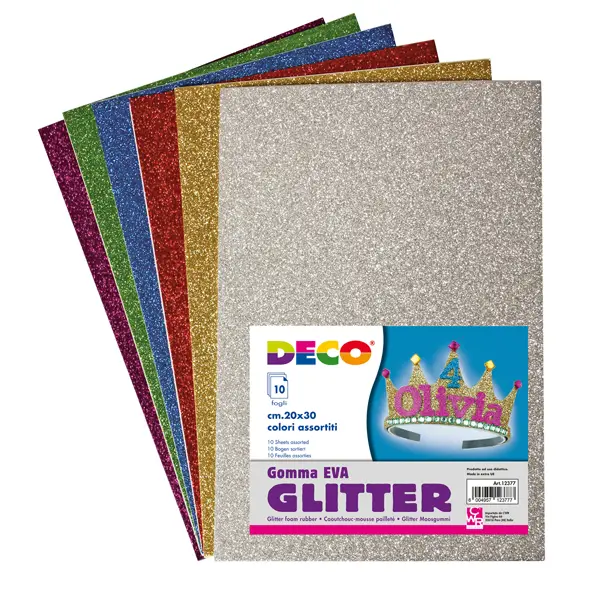 1x Busta 10 fogli Gomma Crepp Glitter 20x30cm colori assortiti DECO