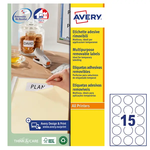 1x Etichette adesive rotonde rimovibili D51mm (15et/fg) 25fg laser/inkjet Avery