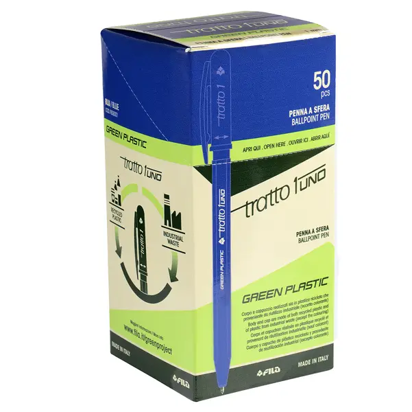 1x Scatola 50 penna blu Tratto 1 Green punta media 1.0mm