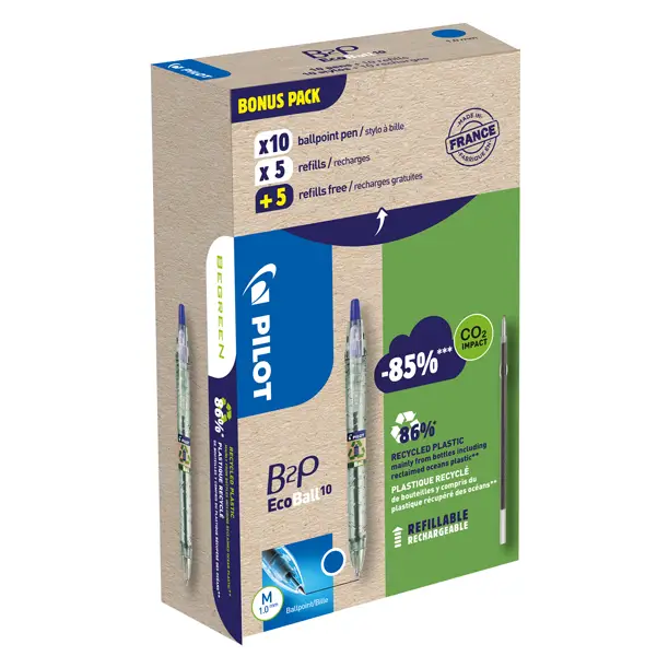 1x Bonuspack 10 penne +10 refill B2P Ecoball punta 1.0mm blu Pilot