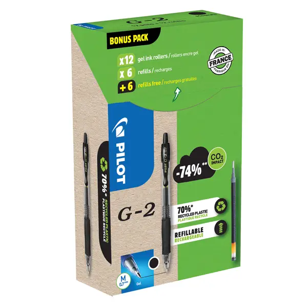 1x Green pack 12penne + 12 refill roller gel scatto G-2 0,7mm nero PILOT