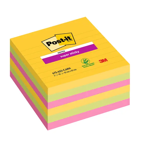 1x Cf. 6pz blocco 90fg. Post-itRSuper Sticky 101x101mm righe Carnival 675-6SS-CARN