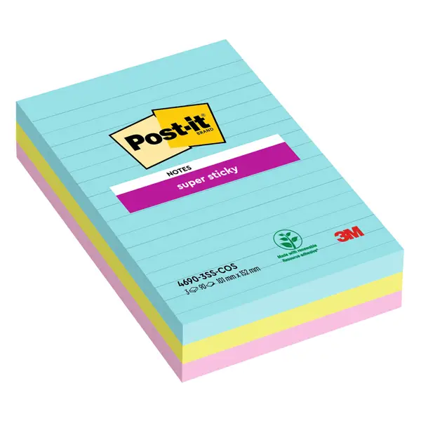 1x Cf. 3pz blocco 90fg. Post-itR Super Sticky RIGHE 101x152mm 4690-SS3COS Cosmic