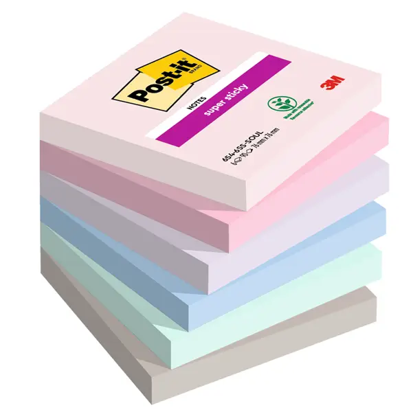 1x Cf. 6pz blocco 90foglietti Post-itR Super Sticky 76x76mm 654-6SS-SOUL Soulful