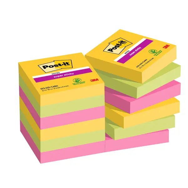 1x Cf. 12pz blocco 90fg. Post-itR Super Sticky 47,6x47,6mm 622-12SS-CARN Carnival