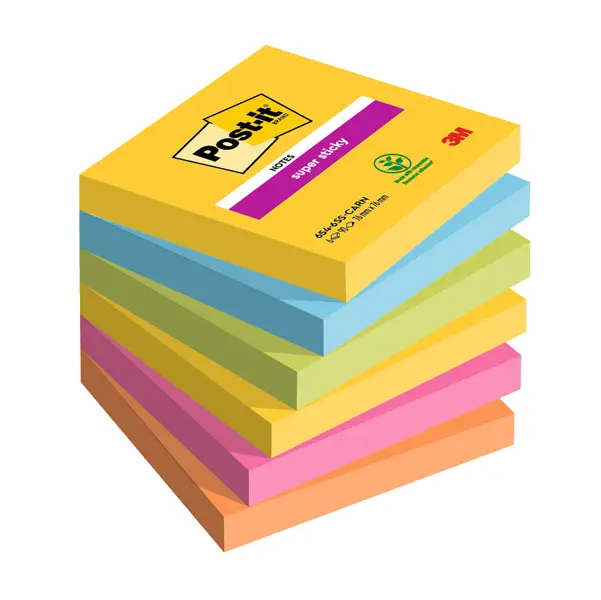 1x Cf. 6pz blocco 90foglietti Post-itR Super Sticky 76x76mm 654-6SS-CARN Carnival