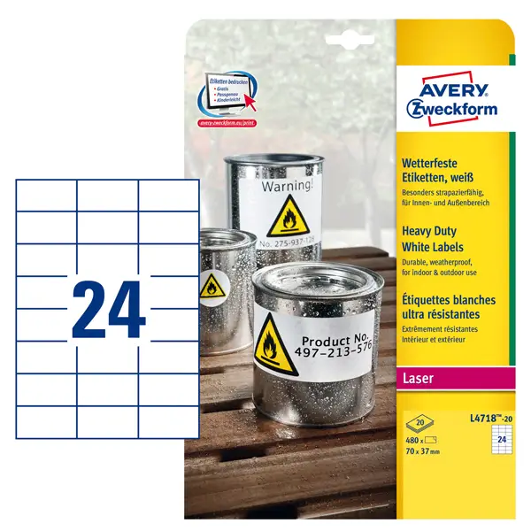 1x Poliestere adesivo L4718 bianco 20fg A4 70x37mm (24et/fg) laser Avery