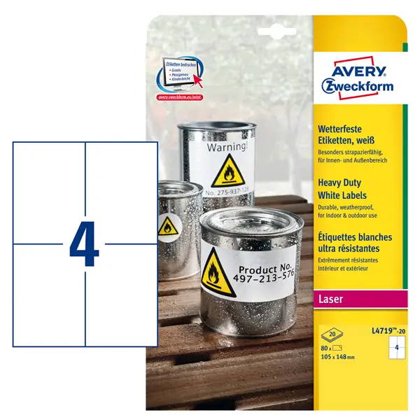 1x Poliestere adesivo L4719 bianco 20fg A4 105x148mm (4et/fg) laser Avery