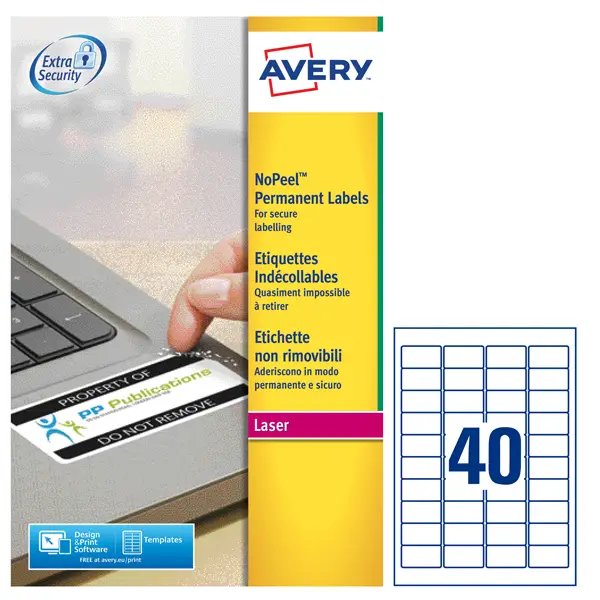1x Poliestere adesivo L6145 bianco antim. 20fg A4 45,7x25,4mm(40et/fg) laser Avery