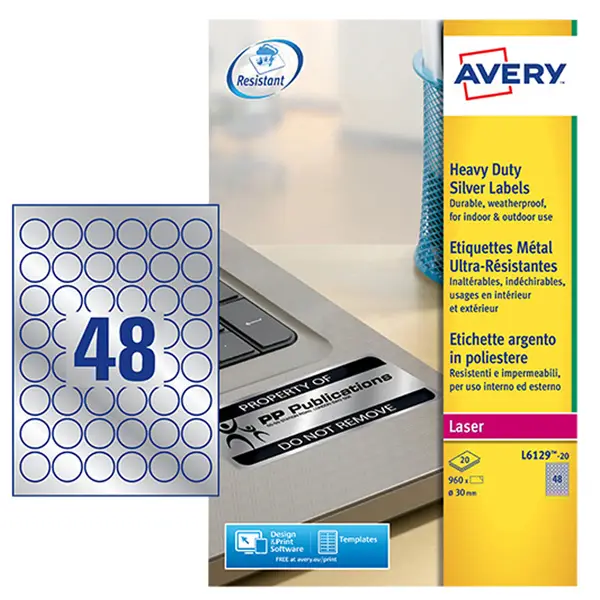 1x Poliestere adesivo L6129 argento 20fg A4 D 30mm(48et/fg) laser Avery