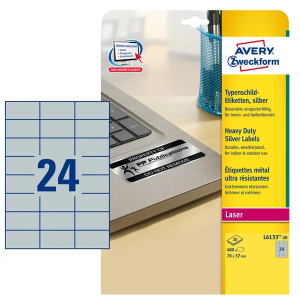 1x Poliestere adesivo L6133 argento 20fg A4 70x37mm (24et/fg) laser Avery