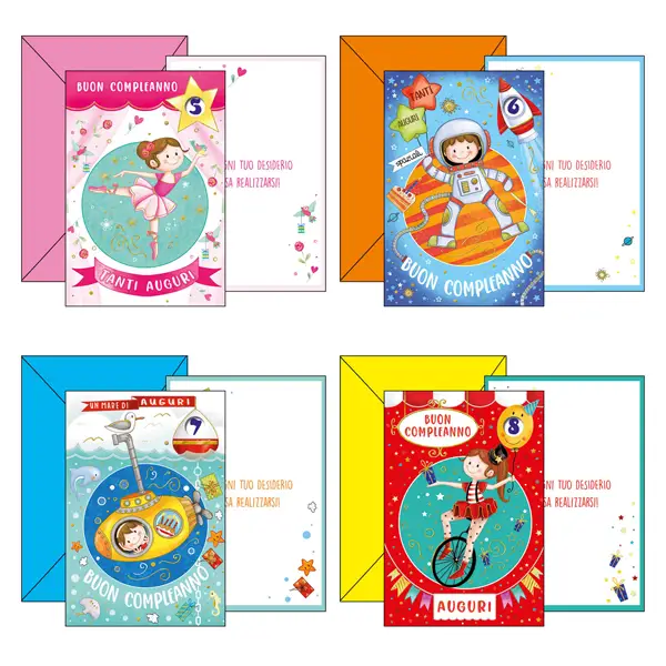 12x Biglietto Buon Compleanno c/ruota numerata tema bambini 4 soggetti ass. Kartos