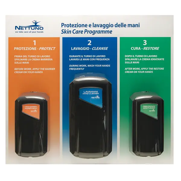 1x Pannello per la protezione e lavaggio delle mani con 3 dispenser 67,4x60x1cm