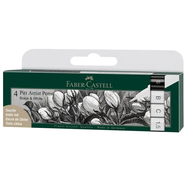 1x Busta 4 Pitt Artist Pen bianco e nero punte assortite Faber-Castell