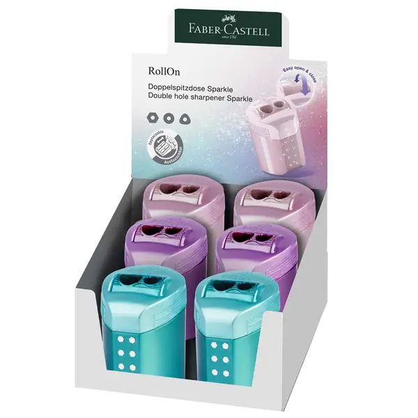 6x Temperamatite c/serbatoio 2 fori RollOn Sparkle colori assortiti Faber Castell