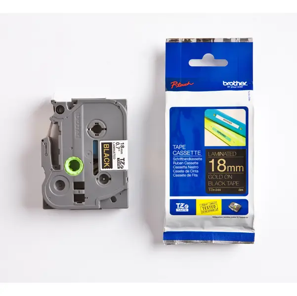 1x NASTRO LAMINATO BROTHER TZE-344 18MMx8MT ORO/NERO