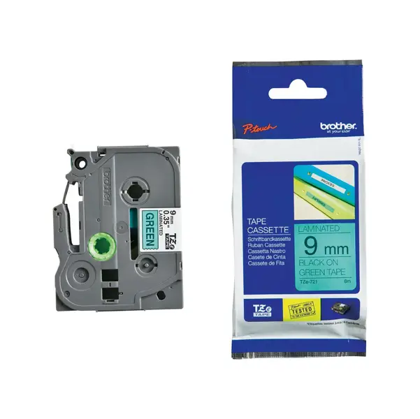 1x NASTRO LAMINATO BROTHER TZE-721 9MMx8MT NERO/VERDE