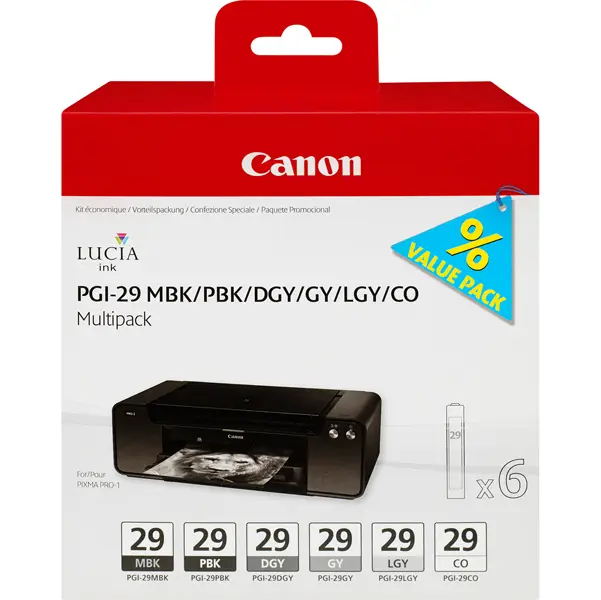 1x CANON INK PGI-29 MULTIPACK BK OPACO, BK PHOTO, GRIGIO, GRIGIO SCURO E CHIARO