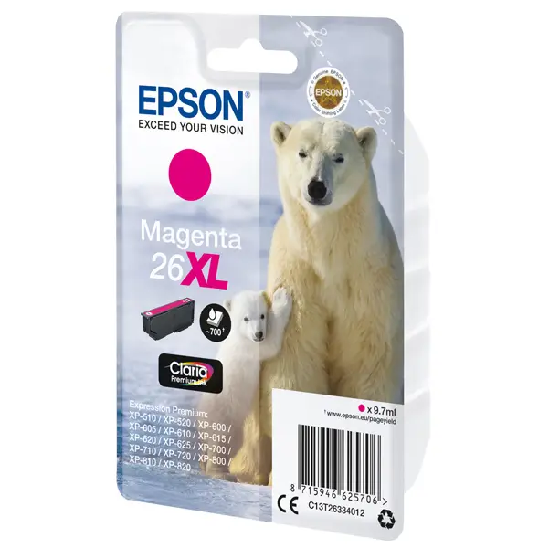 1x CARTUCCIA MAGENTA EPSON CLARIA PREMIUM, SERIE 26XL/ORSO POLARE, IN BLISTER