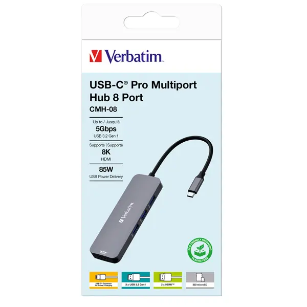 1x Verbatim USB-C Pro Multiport Hub 8 Port CMH-08