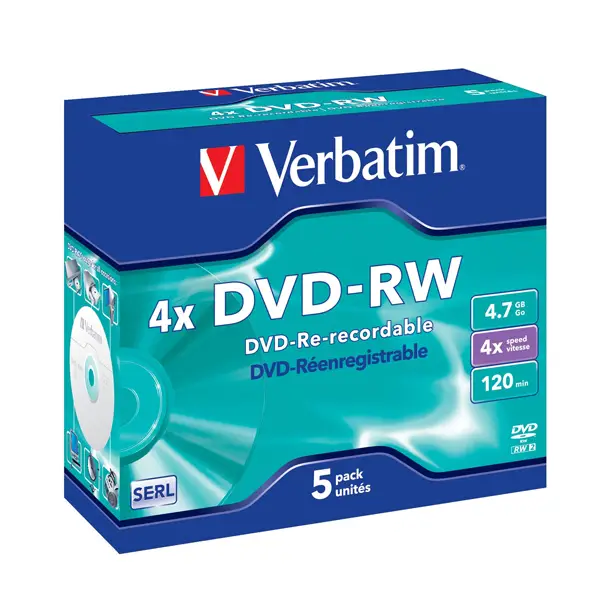 1x SCATOLA 5 DVD-RW JEWEL CASE 4X 4.7GB 120MIN. SERIGRAFATO