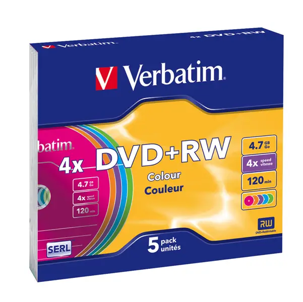 1x SCATOLA 5 DVD+RW SLIM 4X 4.7GB 120MIN. COLORE