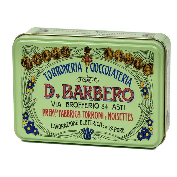 1x Scrigno regalo verde in metallo con torroni ricoperti friabili 100gr Barbero